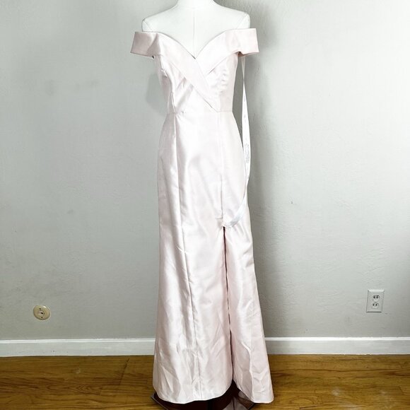 Alfred Sung D760 Off the Shoulder Satin Twill Maxi Dress Gown Blush Pink Size 2 - Picture 1 of 13